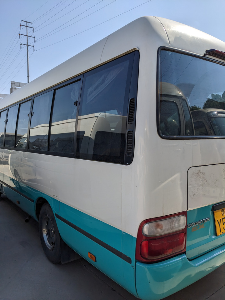 Minibus, Passenger van TOYOTA Coaster passenger bus white and blue petrol engine minivan: picture 4