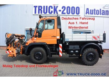 Municipal/ Special vehicle, Dropside/ Flatbed truck Mercedes-Benz Unimog U400 4x4 Mulag Teleskop + Frontausleger: picture 1