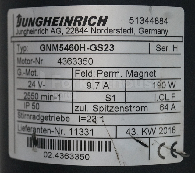 Engine for Material handling equipment Jungheinrich 51344884 Steering motor 24V type GNM5460H-GS23 sn 4363350: picture 2