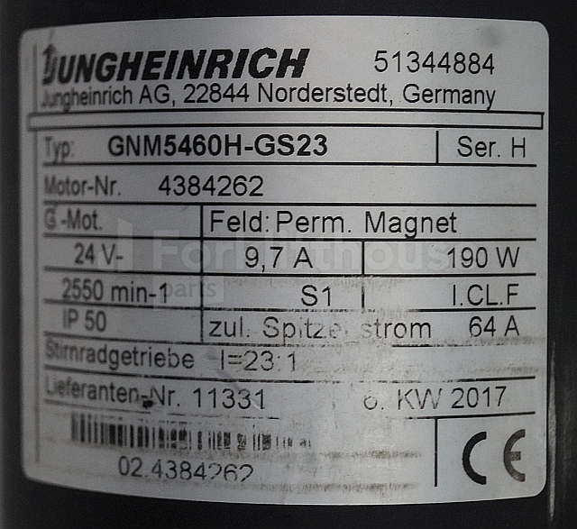 Engine for Material handling equipment Jungheinrich 51344884 Steering motor 24V type GNM5460H-GS23 sn 4384262: picture 2