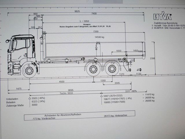 Hook lift truck MAN 26.480 GS BL 6x2, Hyva Titan 20960-S, Klima