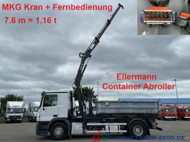 Hook lift truck Mercedes-Benz 1841L Abroller + Mulde und Kran + FB 7.6m=1.2 t.