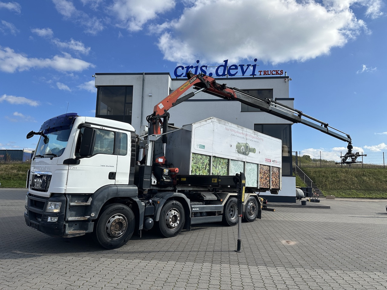 Hook lift truck Palfinger Glas Kran Mulde PK 16502