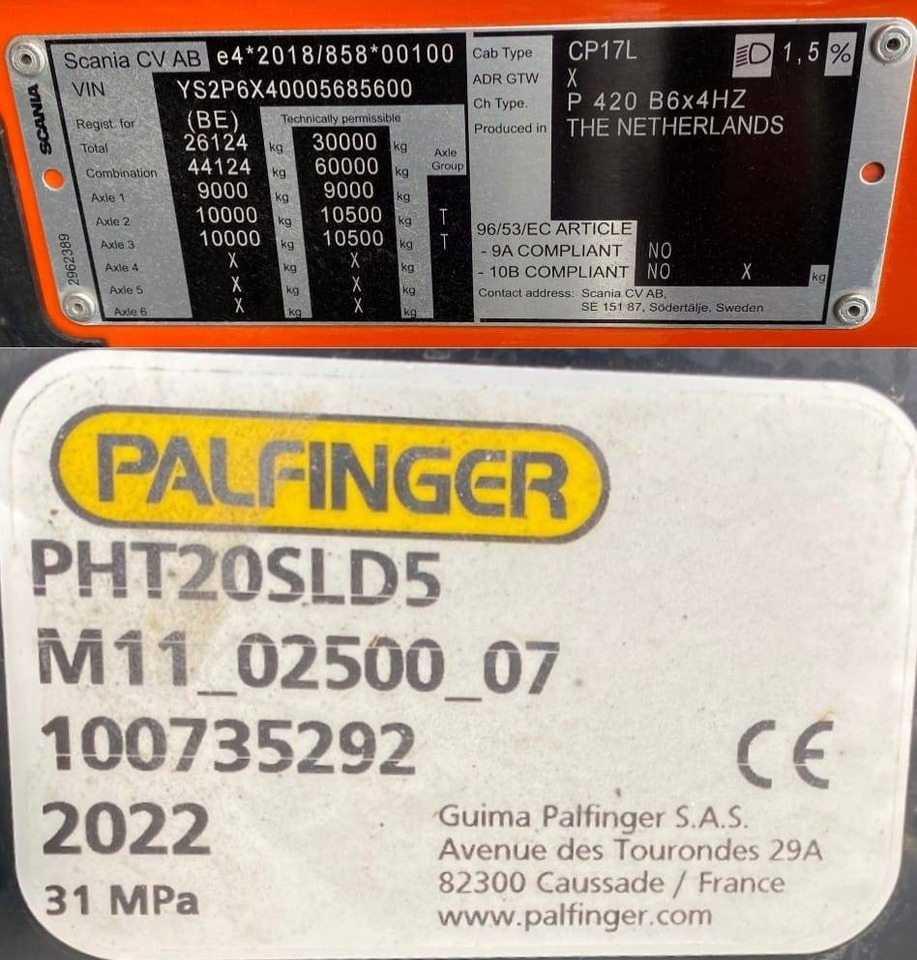 Hook lift truck Scania P420 XT-3Pedales / PALFINGER PTH20SLD5 endommagé