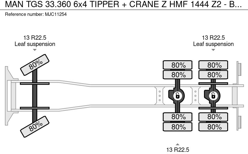 Tipper MAN TGS 33.360 6x4 KIPPER + KRAAN Z HMF 1444 Z2 - BORDMATIC - RADIO / GRABBER - 290.000km - BLADVERING / NAAFREDUCTIE