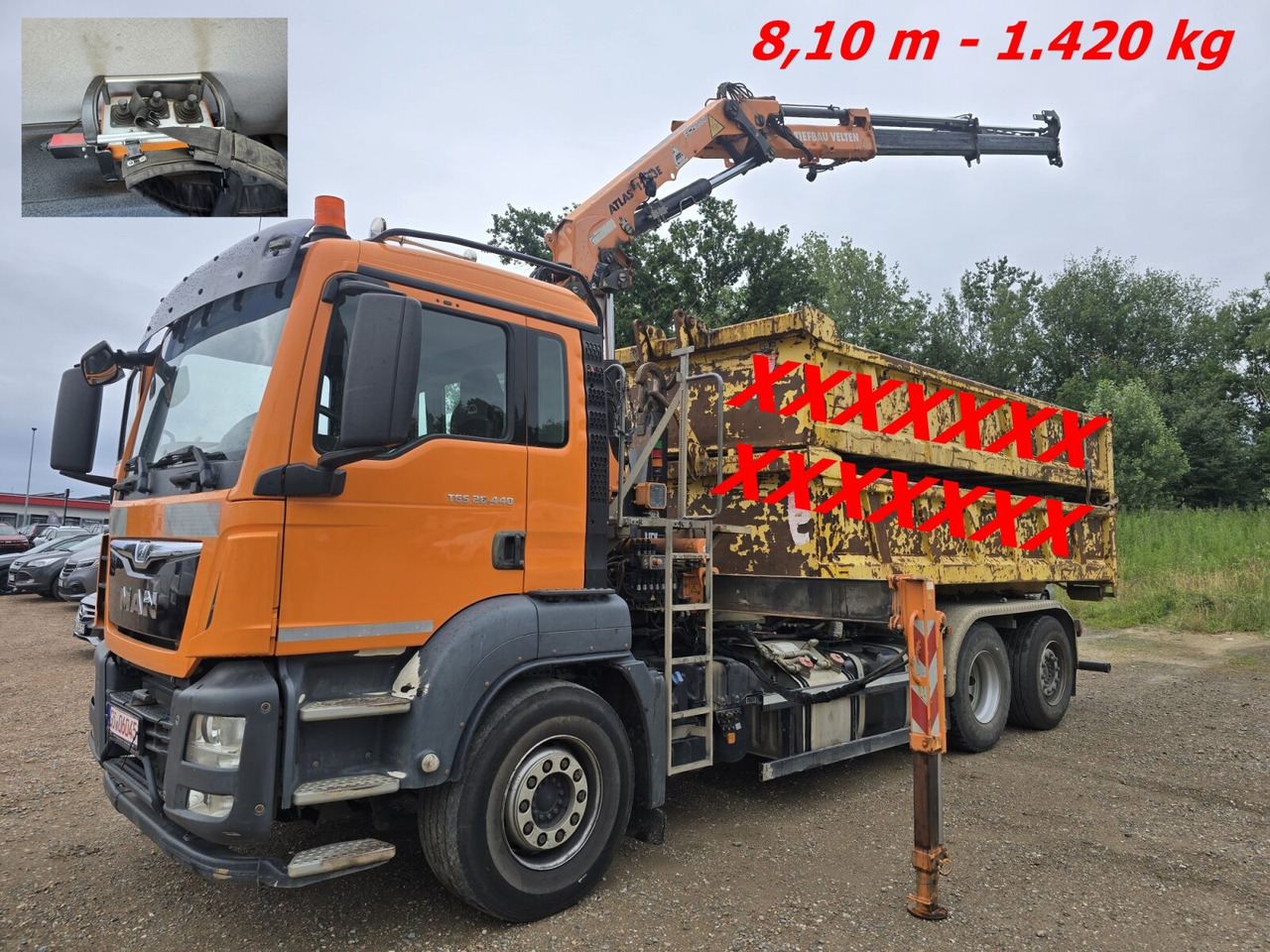 MAN TGS 28.440 6x2-4 BL TGS 28.440 6x2-4 BL, Lenk-/Liftachse, Kran Atlas 126.3E-A2L, Funk - Hook lift truck, Crane truck: picture 1 MAN TGS 28.440 6x2-4 BL TGS 28.440 6x2-4 BL, Lenk-/Liftachse, Kran Atlas 126.3E-A2L, Funk - Hook lift truck, Crane truck: picture 1