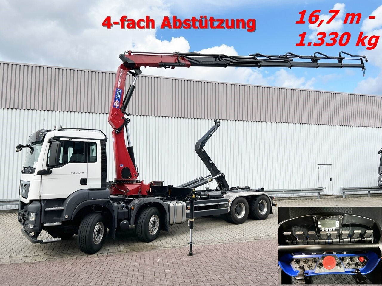MAN TGS 35.480 8X4 BL TGS 35.480 8X4 BL, Intarder, Kran HMF 3220-K6, 4-fach Abstützung, Funk - Hook lift truck, Crane truck: picture 1 MAN TGS 35.480 8X4 BL TGS 35.480 8X4 BL, Intarder, Kran HMF 3220-K6, 4-fach Abstützung, Funk - Hook lift truck, Crane truck: picture 1