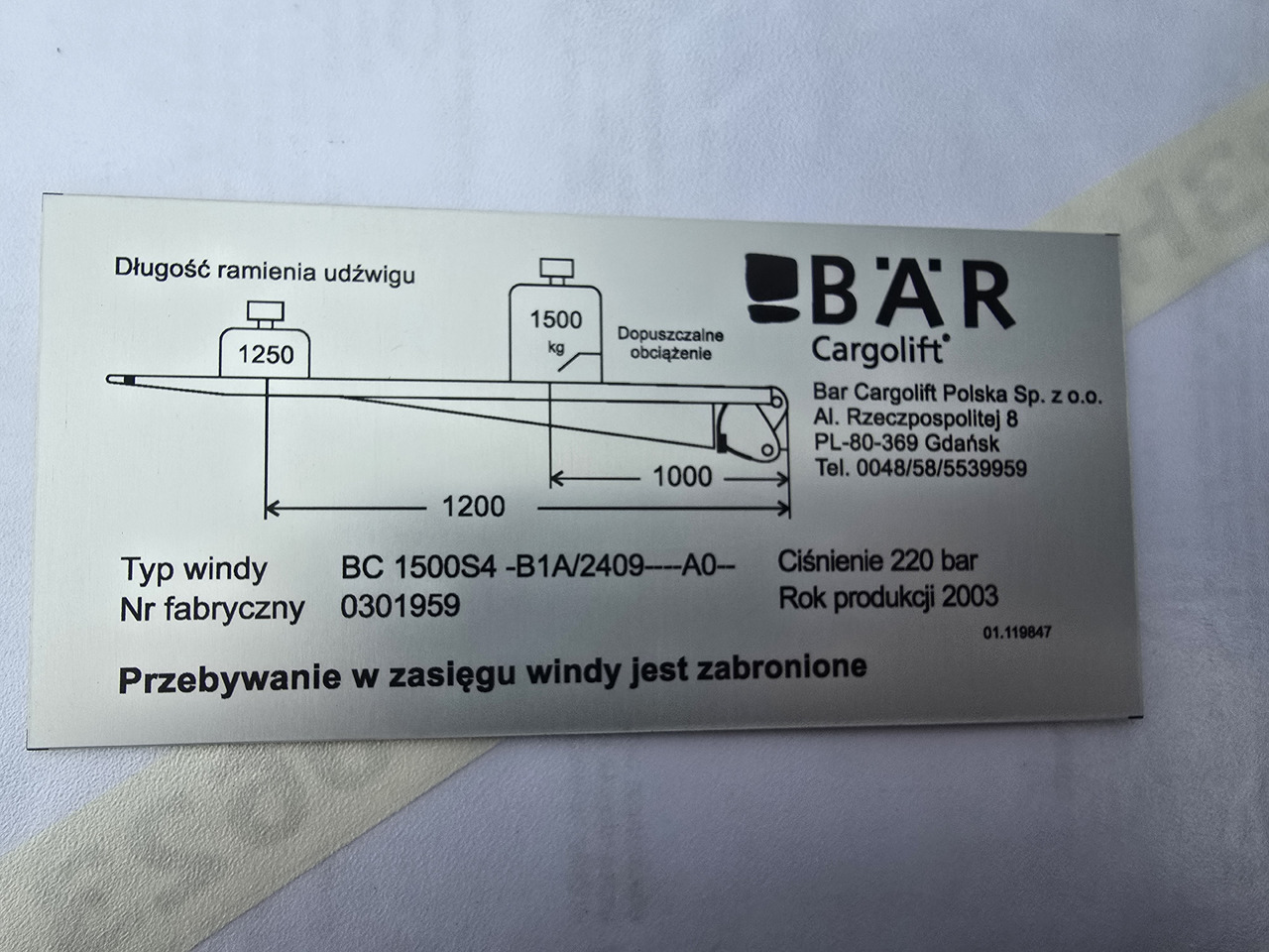 BAR Cargolift BC 1500S4 -B1A/2409--A0- - Tail lift: picture 2 BAR Cargolift BC 1500S4 -B1A/2409--A0- - Tail lift: picture 2