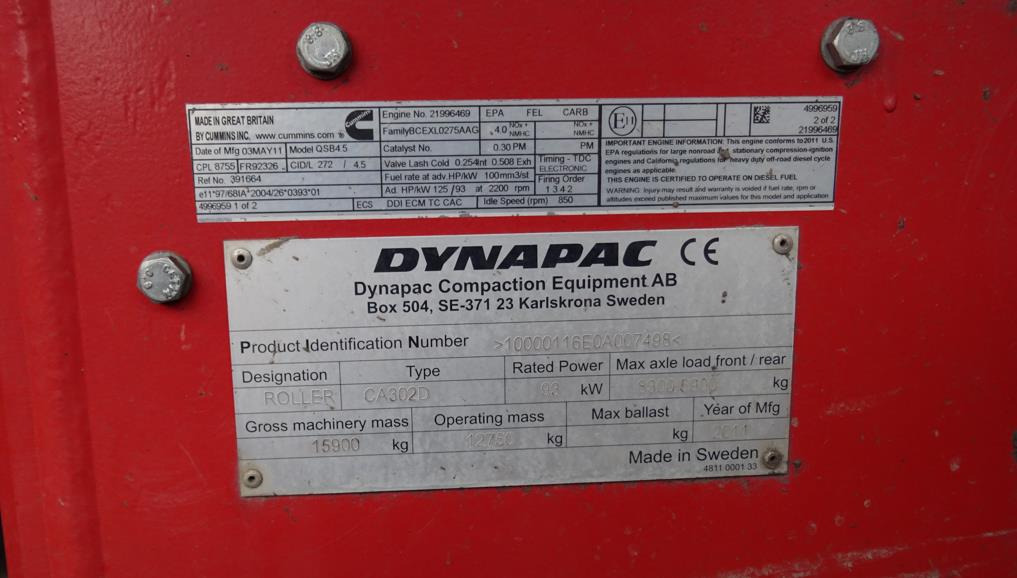 Walec DYNAPAC CA 302D 2011 - 3393 mth - CE - 15,9t - Roller: picture 5 Walec DYNAPAC CA 302D 2011 - 3393 mth - CE - 15,9t - Roller: picture 5