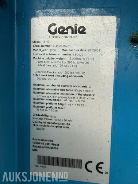 2008 Genie S-45 Teleskopisk bomlift - 4x4 - Aerial platform: picture 4 2008 Genie S-45 Teleskopisk bomlift - 4x4 - Aerial platform: picture 4