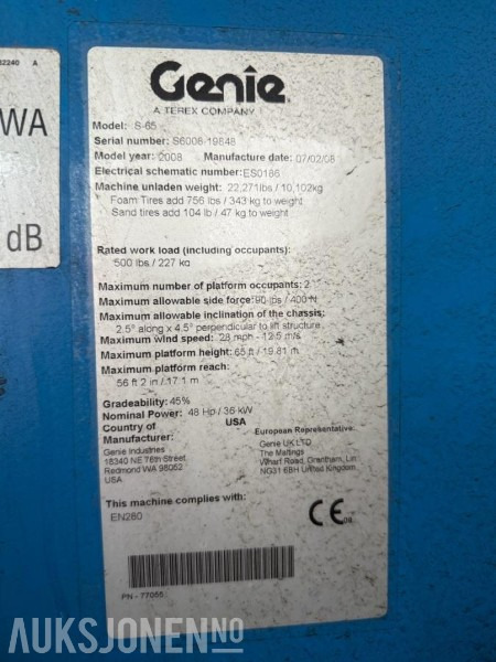 2008 Genie S-65 Teleskopisk bomlift - 4x4 - Aerial platform: picture 5 2008 Genie S-65 Teleskopisk bomlift - 4x4 - Aerial platform: picture 5