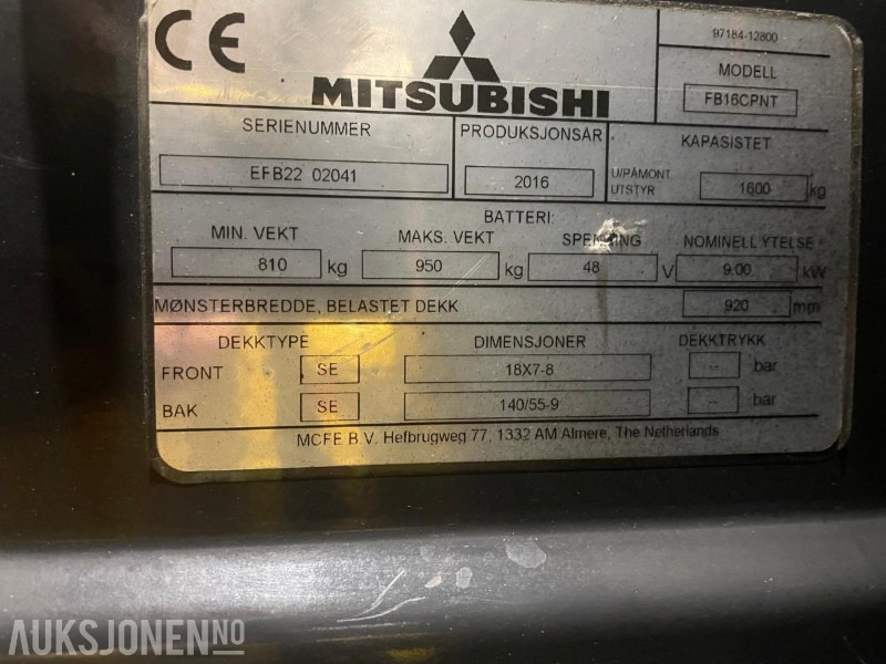 2016 Mitsubishi FB16CPNT elektrisk gaffeltruck - 1,6 Tonn kapasitet - Løftekapasitet 4,7 m. - 3-delt full friløft - Hydraulisk spreder og sideskift - Arbeidstimer 2450. - Material handling equipment: picture 4 2016 Mitsubishi FB16CPNT elektrisk gaffeltruck - 1,6 Tonn kapasitet - Løftekapasitet 4,7 m. - 3-delt full friløft - Hydraulisk spreder og sideskift - Arbeidstimer 2450. - Material handling equipment: picture 4