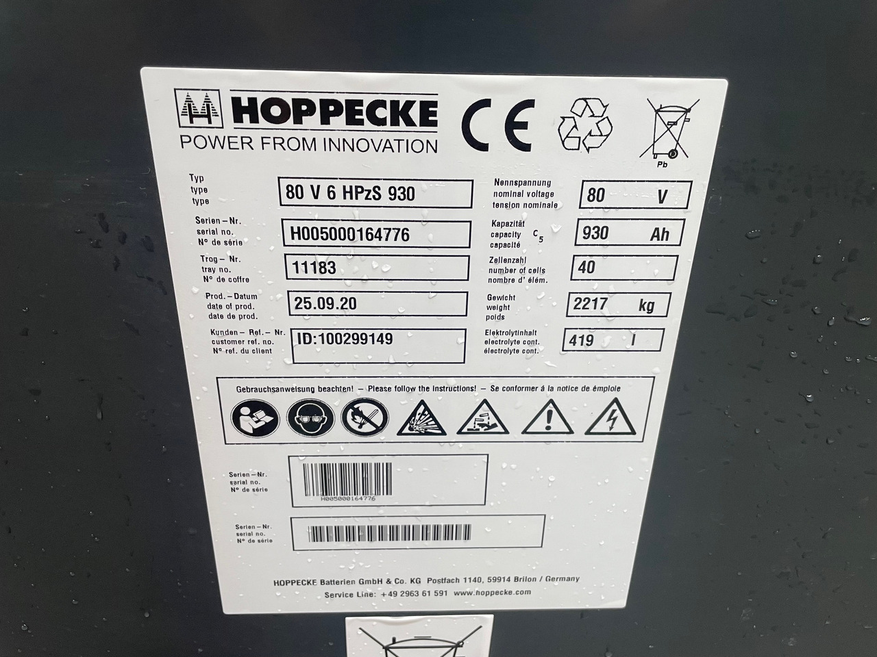 Hoppecke 80V 6 HPZS 930 - Battery for Material handling equipment: picture 2 Hoppecke 80V 6 HPZS 930 - Battery for Material handling equipment: picture 2