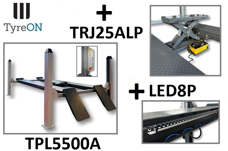 TPL5500A 4 post alignment lift 5T - Runways 4.8 meters - Rolling jack 2.5T - LED lighting and obstacle protection - Workshop equipment: picture 1 TPL5500A 4 post alignment lift 5T - Runways 4.8 meters - Rolling jack 2.5T - LED lighting and obstacle protection - Workshop equipment: picture 1
