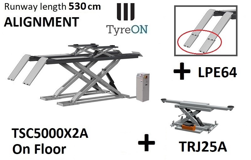 TSC5000X2A in floor alignment scissor lift 5000kg 5300mm + TRJ25A 2,5T air hydraulic axle jack + LPE64 low profile ramp extensions - Workshop equipment: picture 1 TSC5000X2A in floor alignment scissor lift 5000kg 5300mm + TRJ25A 2,5T air hydraulic axle jack + LPE64 low profile ramp extensions - Workshop equipment: picture 1