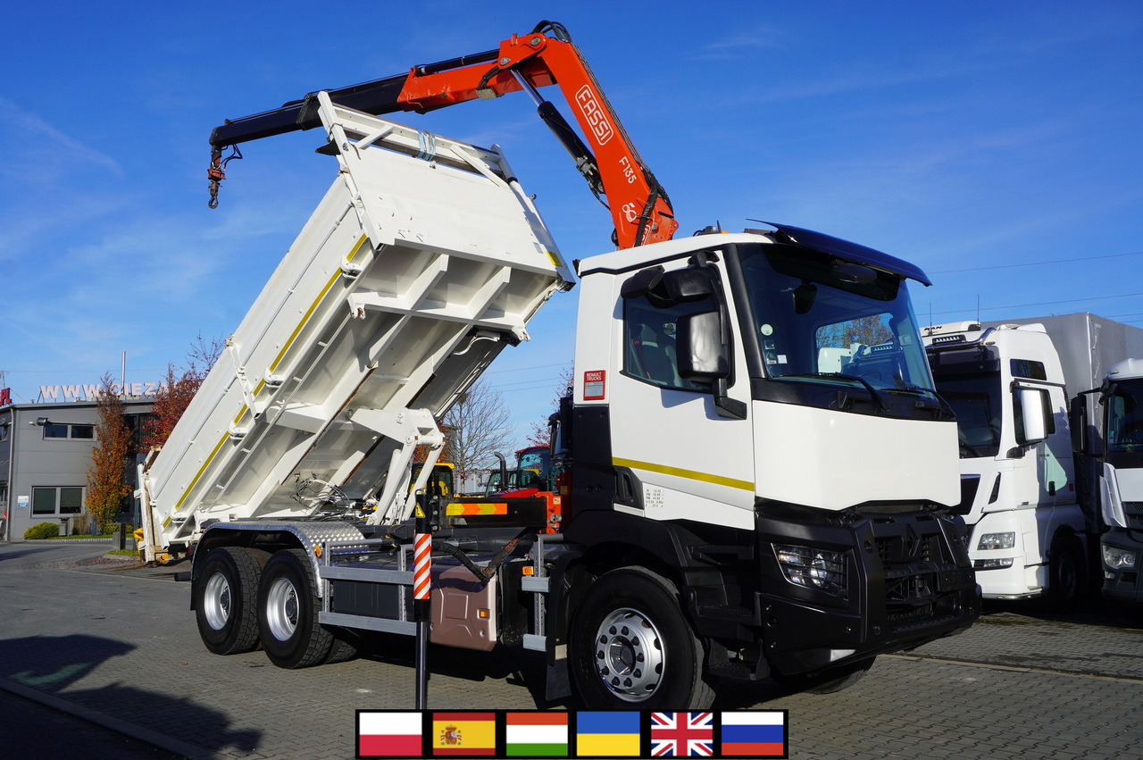 RENAULT C380 E6 6×4 / HDS Fassi F135 2700 MTH / Range 8 m / 5.6 t lifting capacity / 3-side tipper / Bortmatic - Crane truck: picture 1 RENAULT C380 E6 6×4 / HDS Fassi F135 2700 MTH / Range 8 m / 5.6 t lifting capacity / 3-side tipper / Bortmatic - Crane truck: picture 1