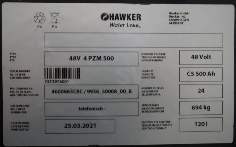 HAWKER 48 Volt 4 PzM 500 Ah - Battery: picture 5 HAWKER 48 Volt 4 PzM 500 Ah - Battery: picture 5