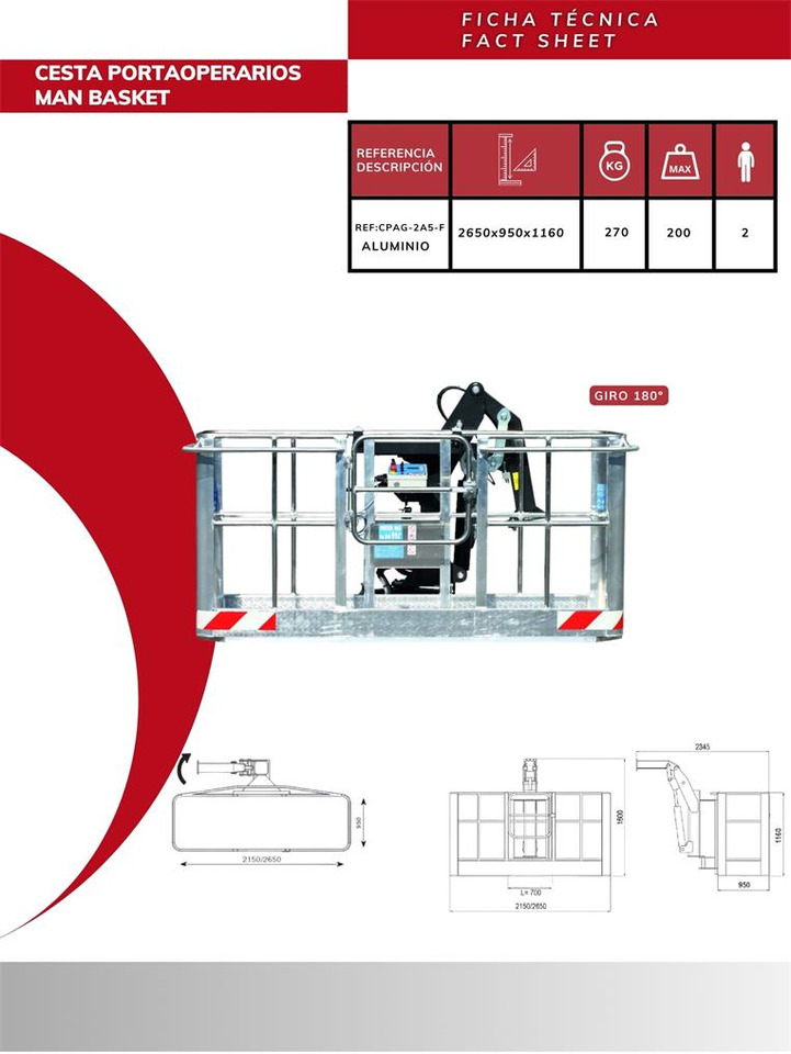 Aluminum self-leveling man basket with 180º rotati CPAG-2A5-F - Attachment for Loader crane: picture 3 Aluminum self-leveling man basket with 180º rotati CPAG-2A5-F - Attachment for Loader crane: picture 3