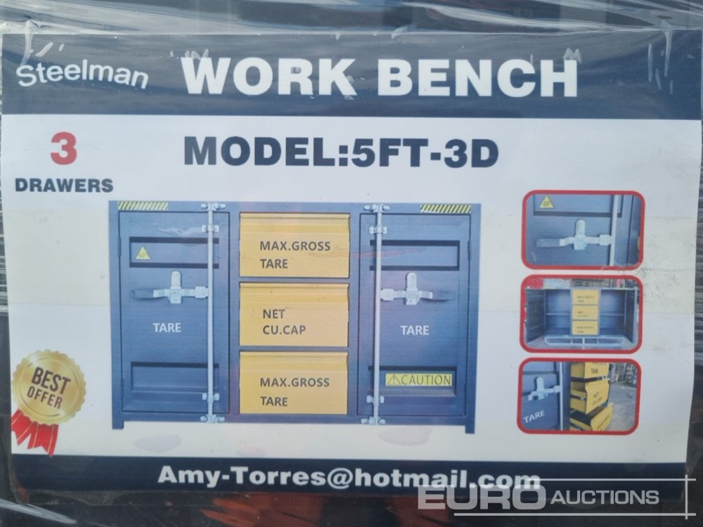 Unused 2024 Steelman 5’ Work Bench With 3 Drawers & 2 Cabinets Packed In Plastics, Drawers With Lock & Anti-Slip Inners, Using New 3 Rail Sliding - Workshop equipment: picture 2 Unused 2024 Steelman 5’ Work Bench With 3 Drawers & 2 Cabinets Packed In Plastics, Drawers With Lock & Anti-Slip Inners, Using New 3 Rail Sliding - Workshop equipment: picture 2